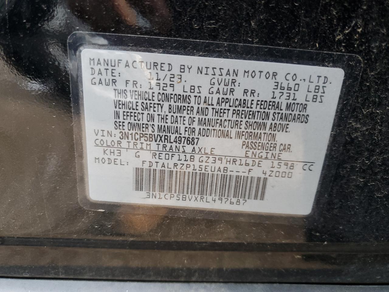 2024 NISSAN KICKS S VIN:3N1CP5BVXRL497687