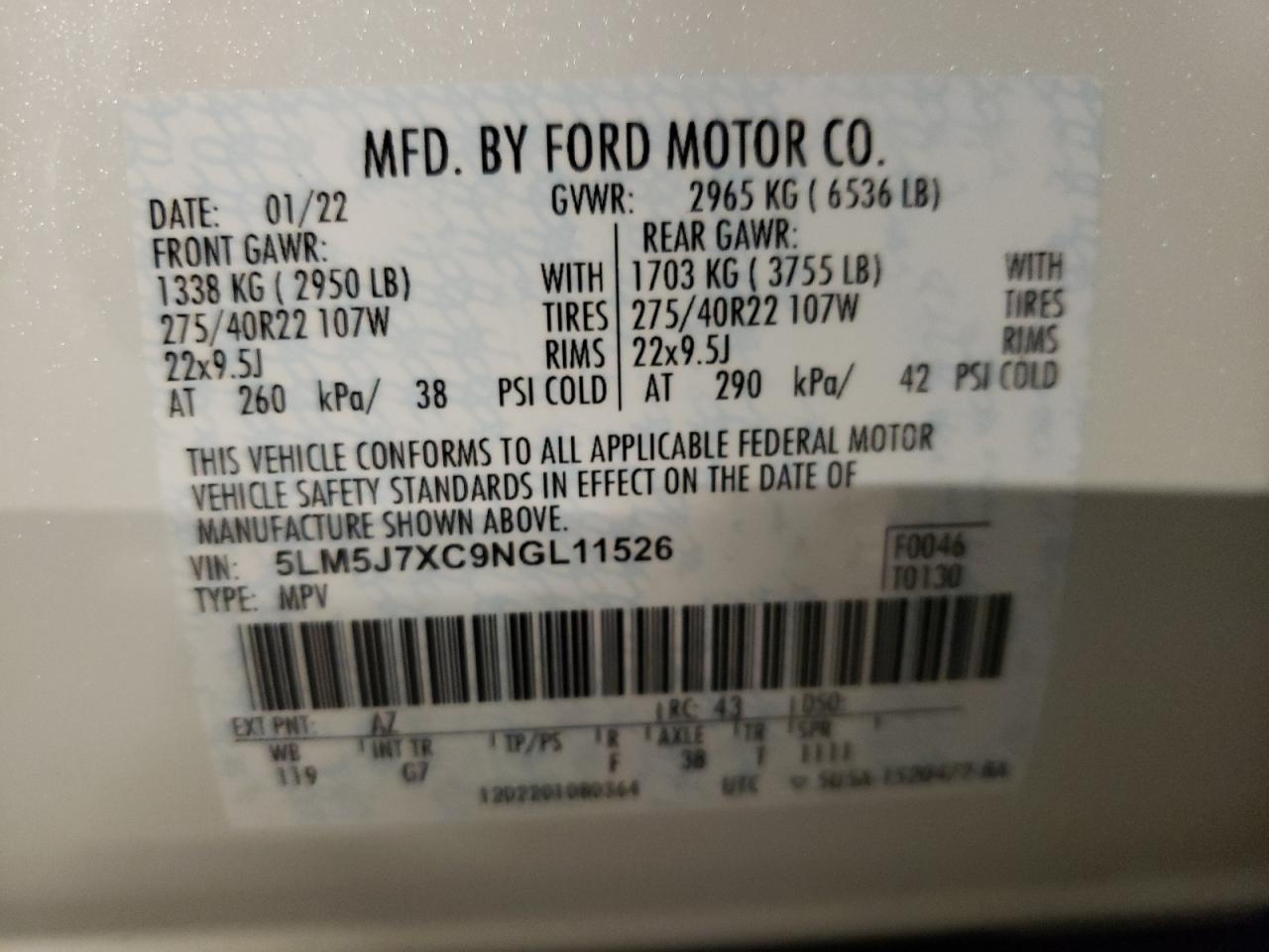 2022 LINCOLN AVIATOR RESERVE VIN:5LM5J7XC9NGL11526