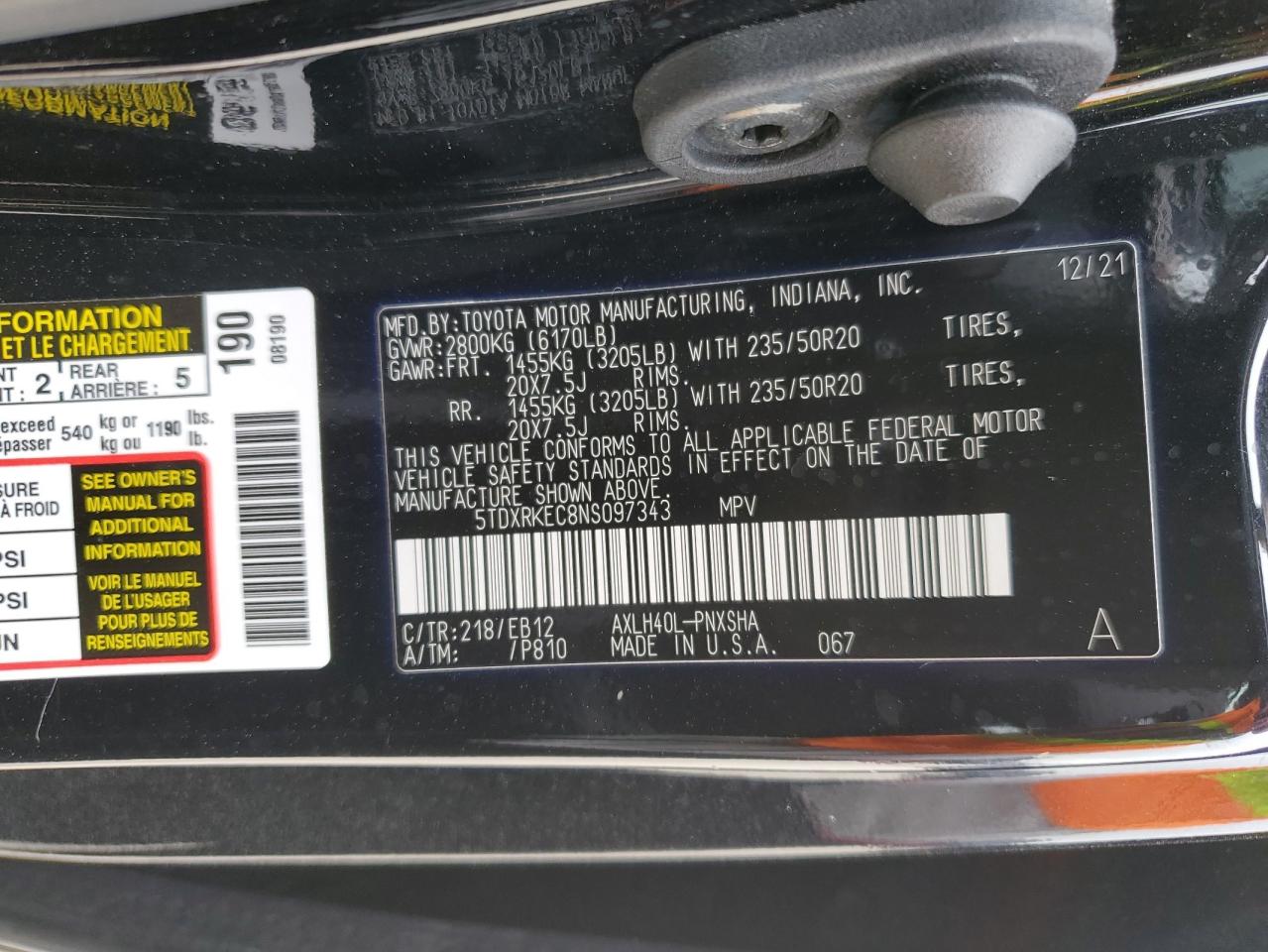2022 TOYOTA SIENNA XSE VIN:5TDXRKEC8NS097343