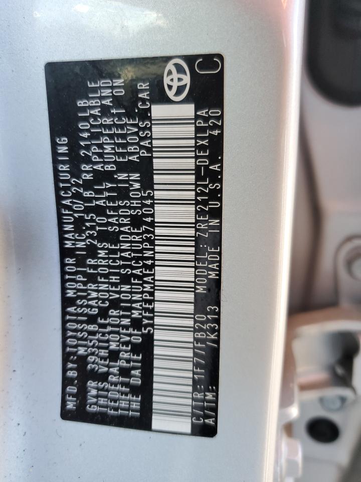 2022 TOYOTA COROLLA LE VIN:5YFEPMAE4NP374045