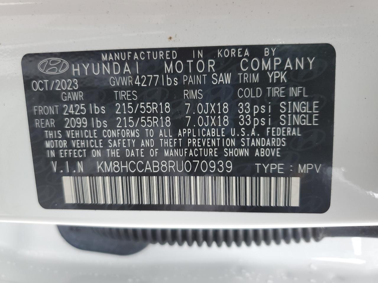2024 HYUNDAI KONA SEL VIN:KM8HCCAB8RU070939