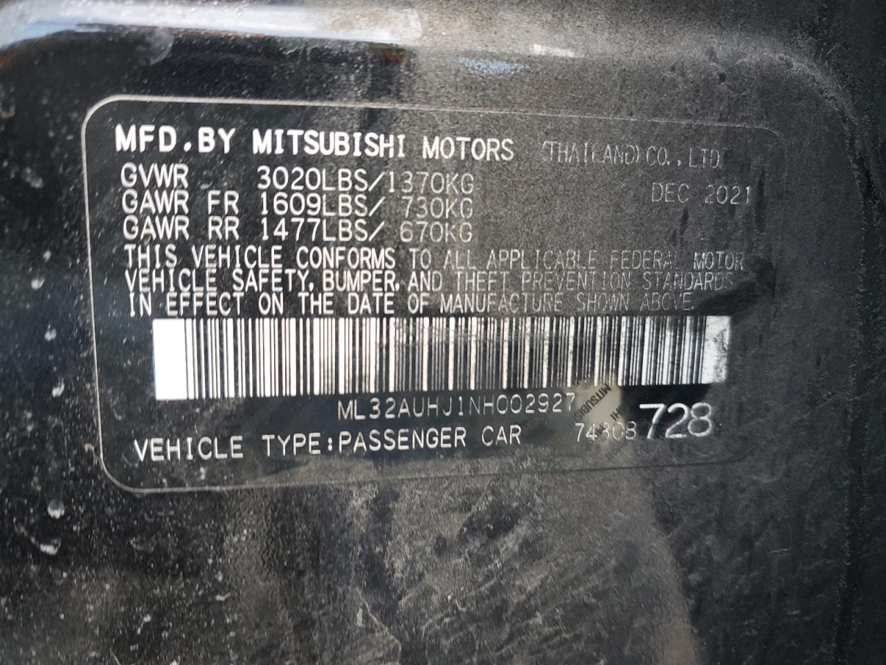 2022 MITSUBISHI MIRAGE ES VIN:ML32AUHJ1NH002927