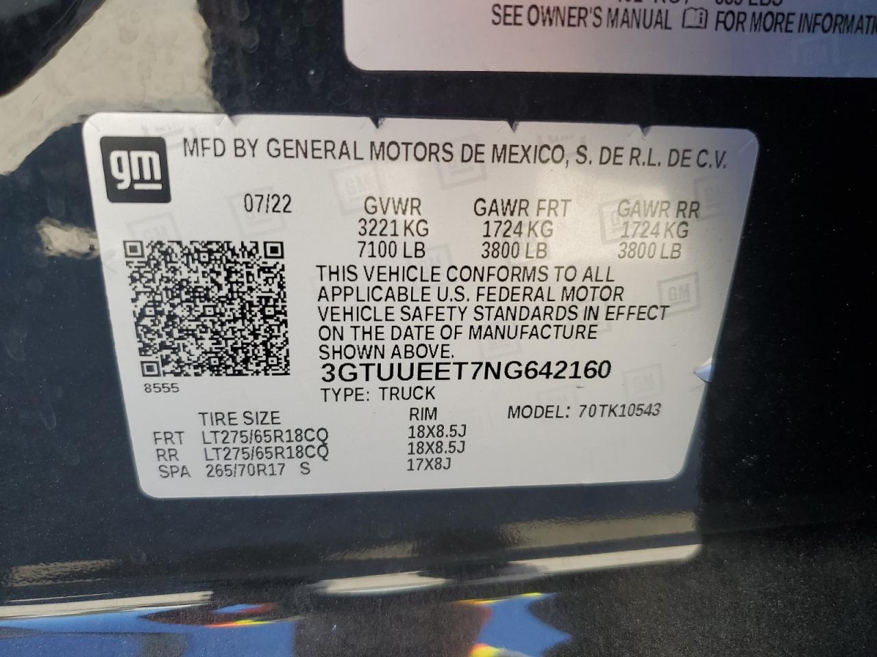 2022 GMC SIERRA K1500 AT4 VIN:3GTUUEET7NG642160