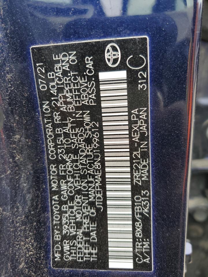 2022 TOYOTA COROLLA LE VIN:JTDEPMAE8NJ199612