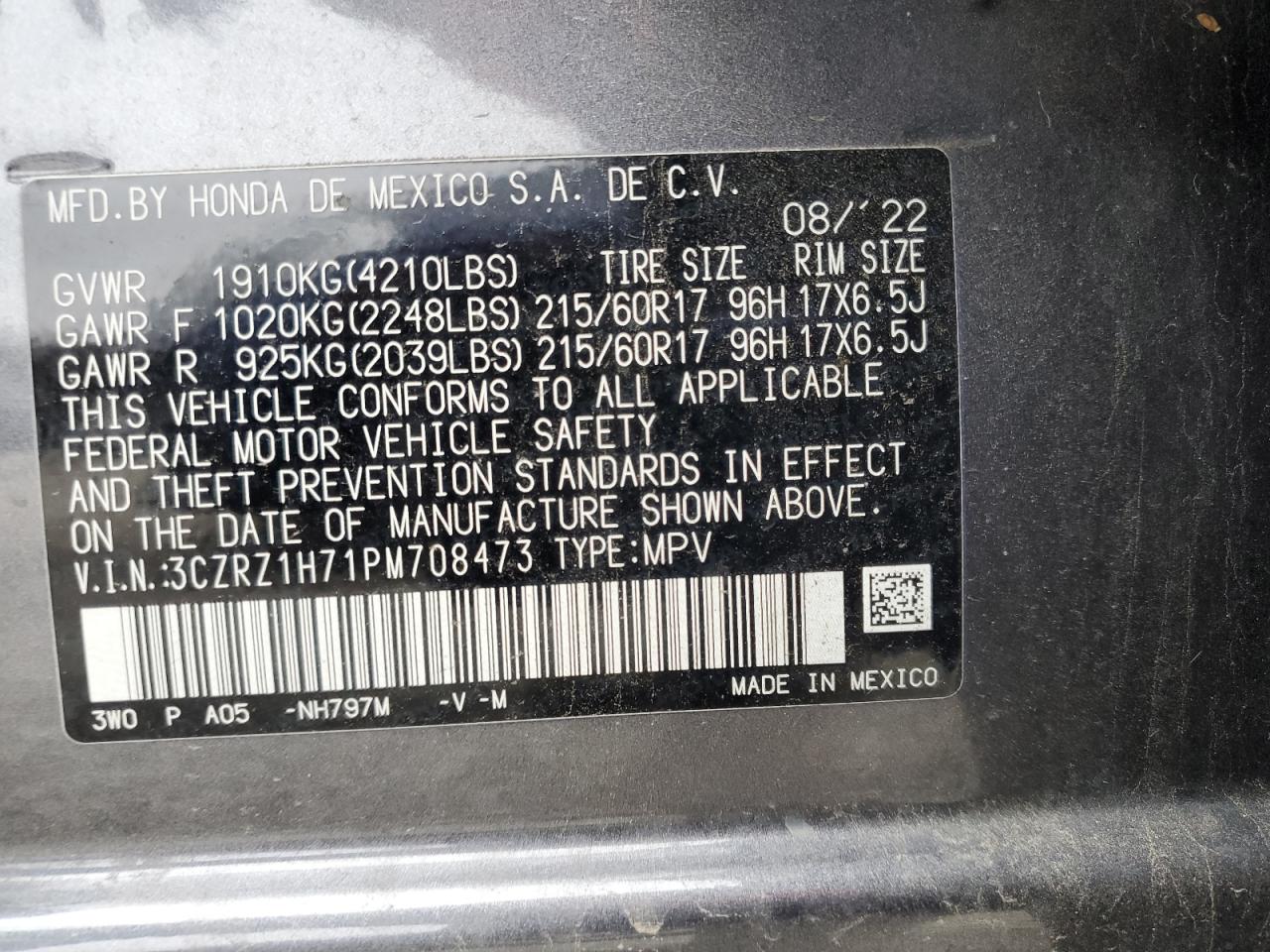 2023 HONDA HR-V EXL VIN:3CZRZ1H71PM708473
