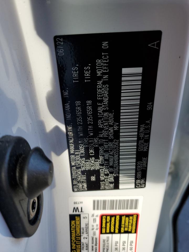 2022 TOYOTA HIGHLANDER XLE VIN:5TDGZRAH8NS553562