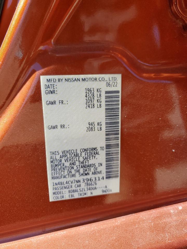2022 NISSAN ALTIMA SR VIN:1N4BL4CV7NN396314