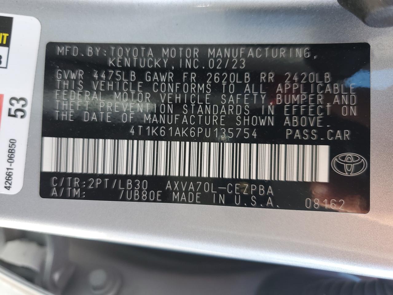 2023 TOYOTA CAMRY XSE VIN:4T1K61AK6PU135754