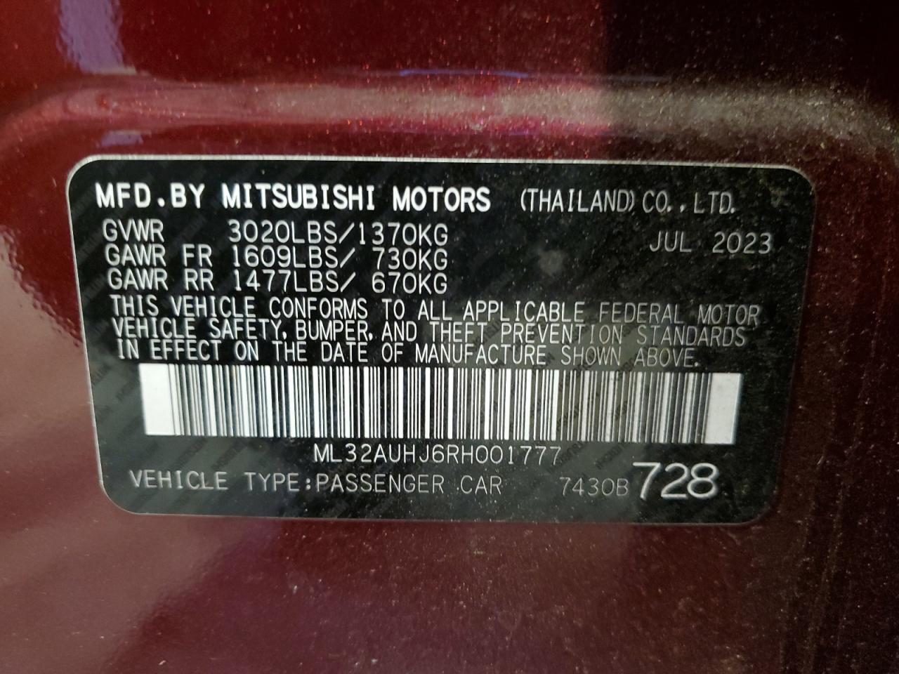 2024 MITSUBISHI MIRAGE ES VIN:ML32AUHJ6RH001777