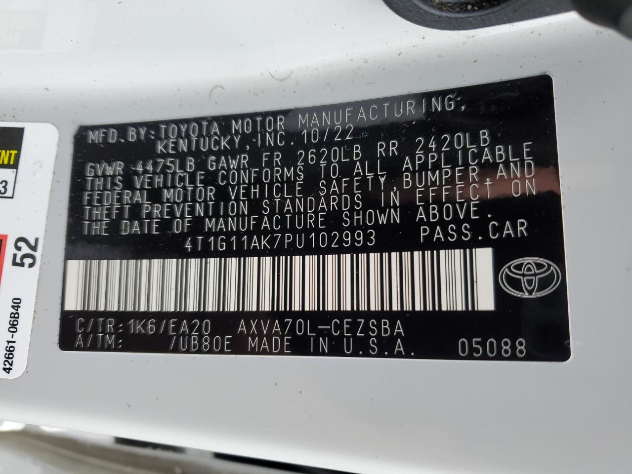 2023 TOYOTA CAMRY SE NIGHT SHADE VIN:4T1G11AK7PU102993