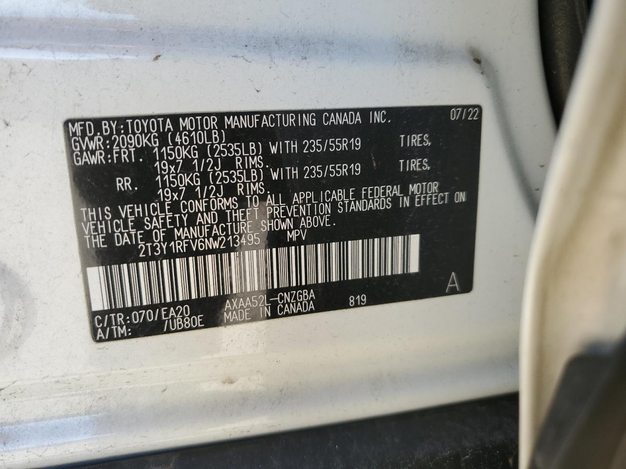 2022 TOYOTA RAV4 LIMITED VIN:2T3Y1RFV6NW213495