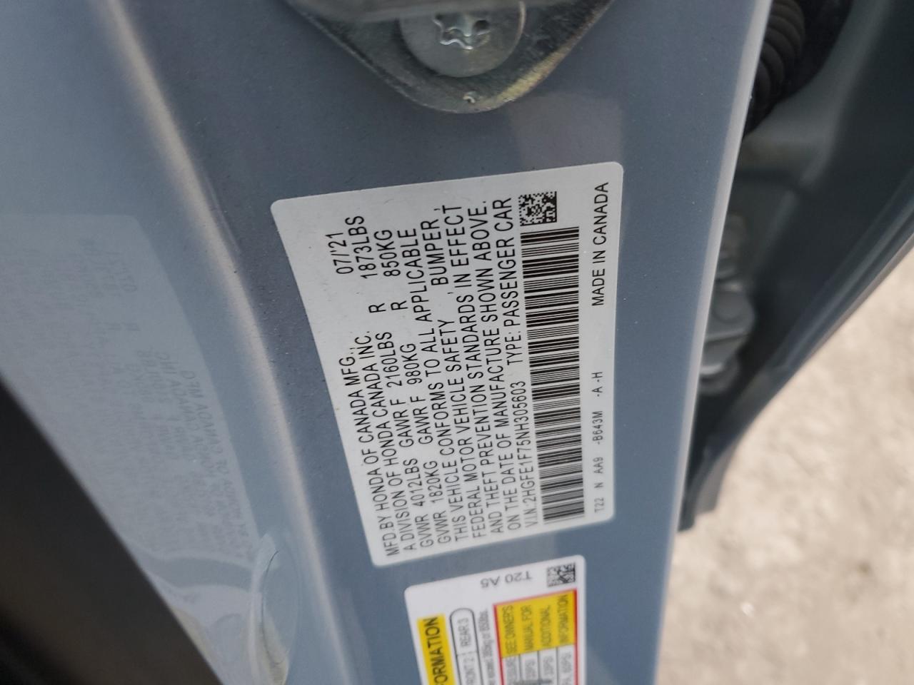 2022 HONDA CIVIC EX VIN:2HGFE1F75NH305603