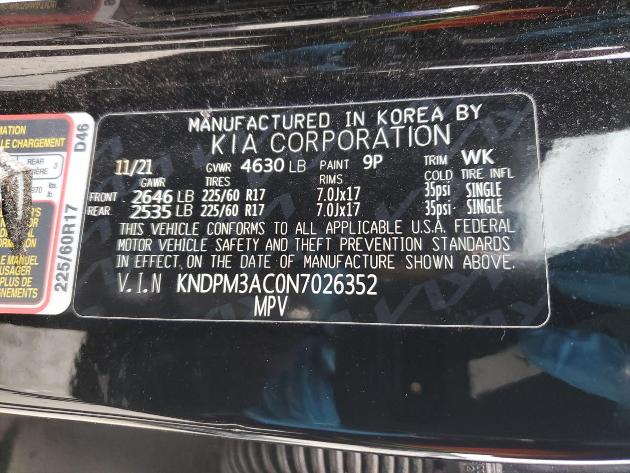 2022 KIA SPORTAGE LX VIN:2T3NFREV3HW372775