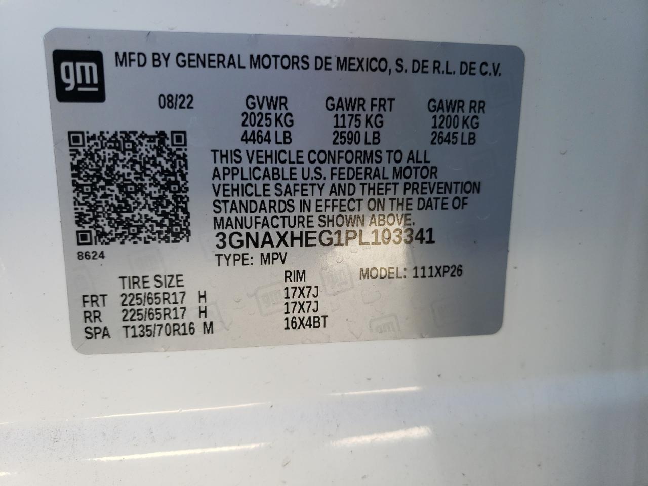 2023 CHEVROLET EQUINOX LS VIN:3GNAXHEG1PL103341