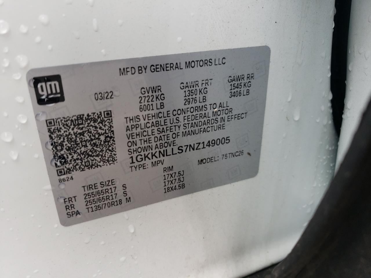 2022 GMC ACADIA AT4 VIN:1GKKNLLS7NZ149005