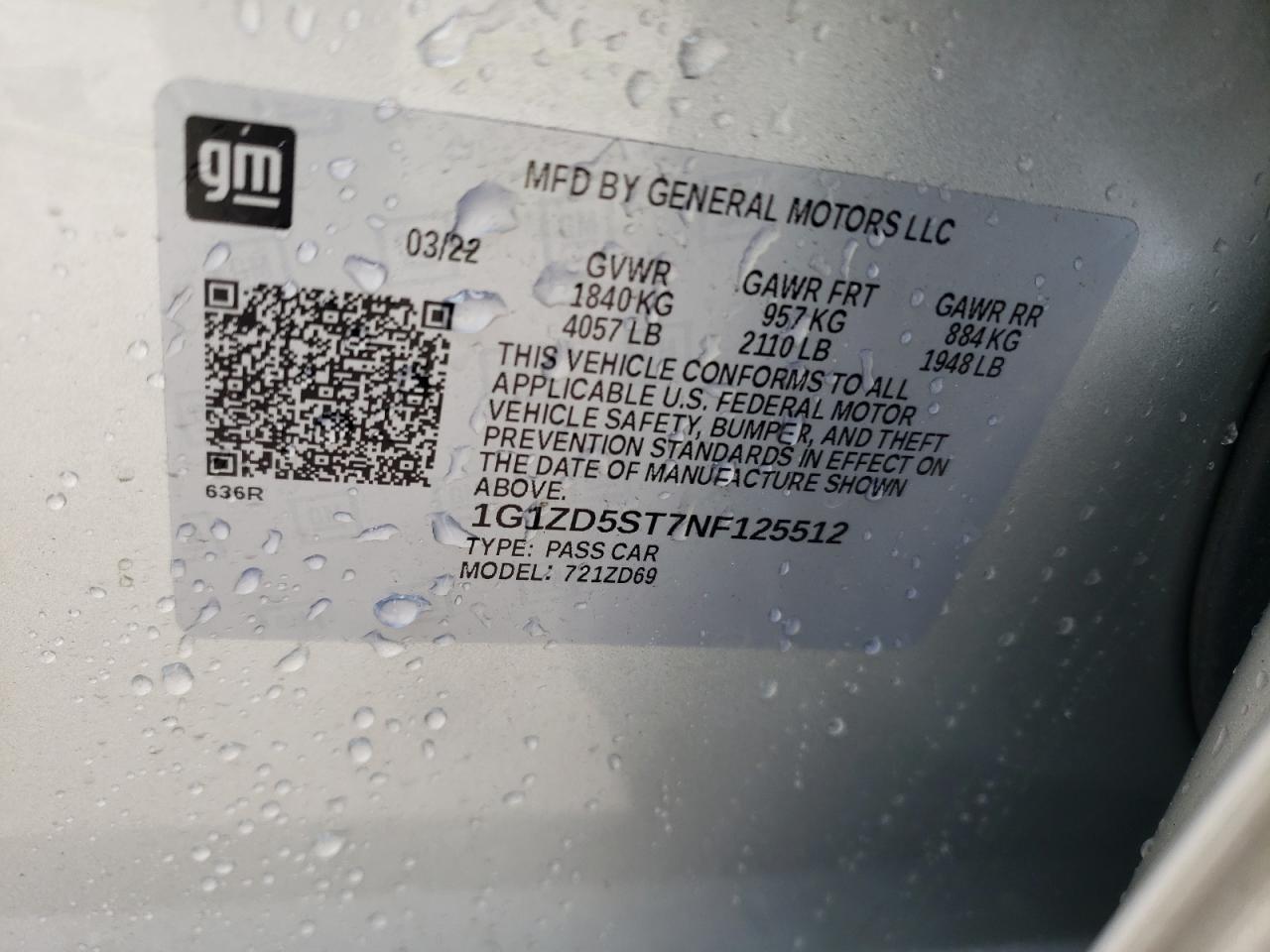 2022 CHEVROLET MALIBU LT VIN:1G1ZD5ST7NF125512