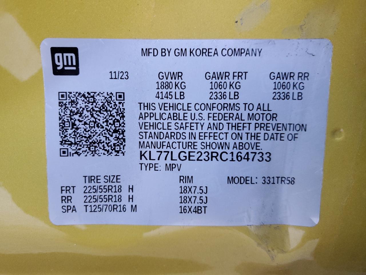 2024 CHEVROLET TRAX 1RS VIN:KL77LGE23RC164733