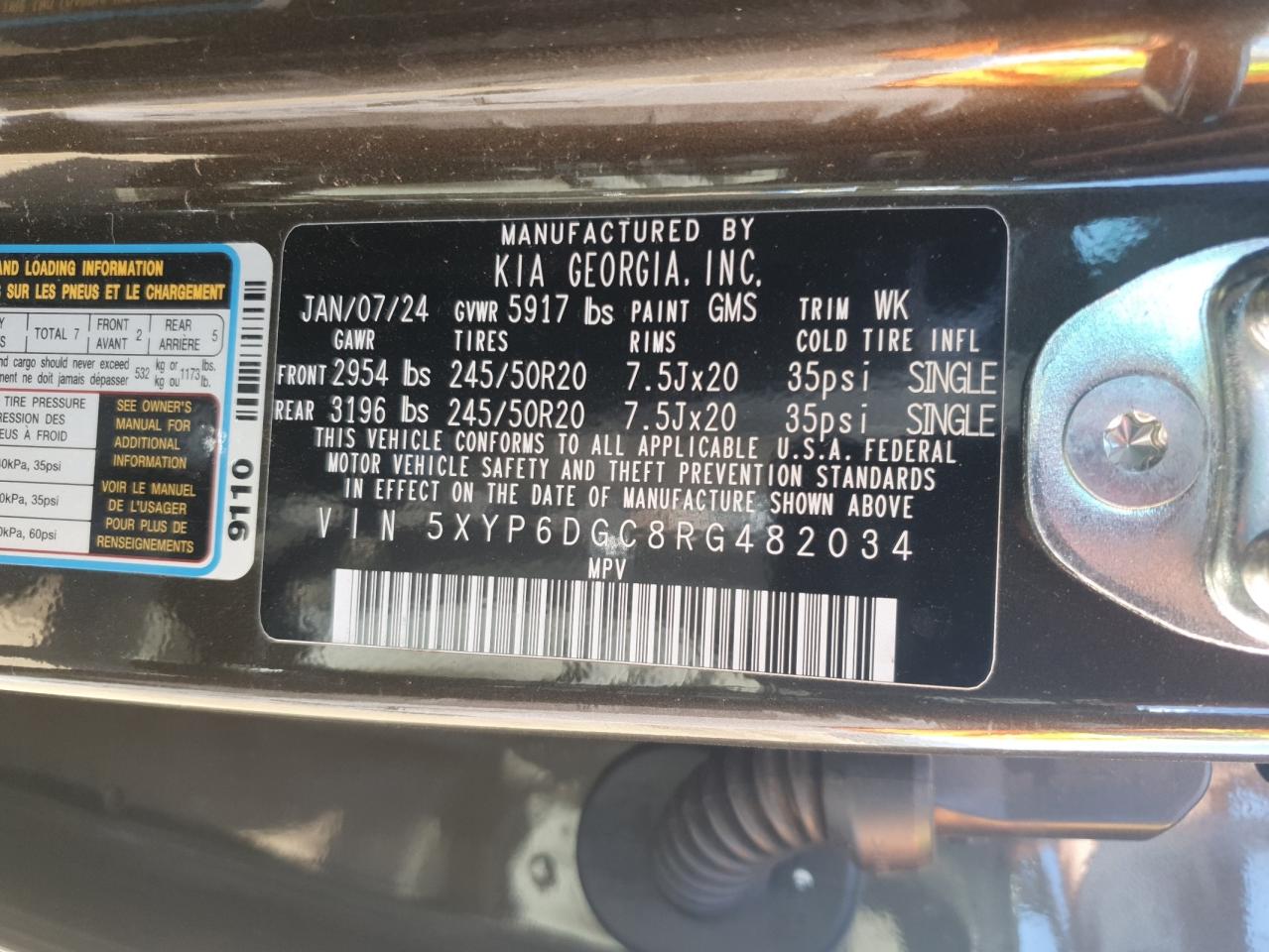 2024 KIA TELLURIDE S VIN:5XYP6DGC8RG482034