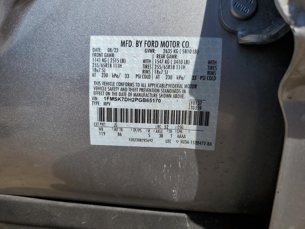 2023 FORD EXPLORER XLT VIN:1FMSK7DH2PGB65170