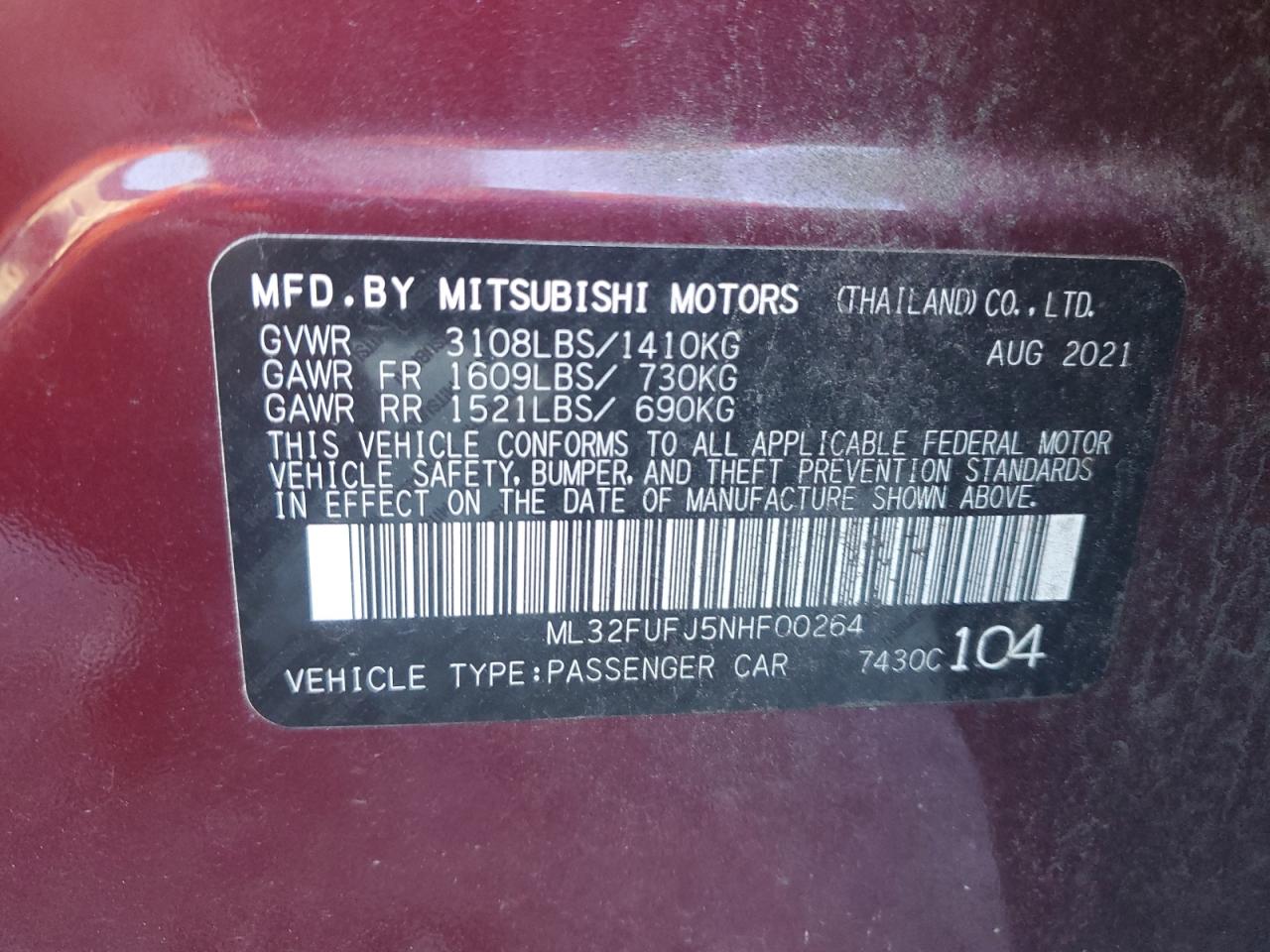 2022 MITSUBISHI MIRAGE G4 ES VIN:ML32FUFJ5NHF00264