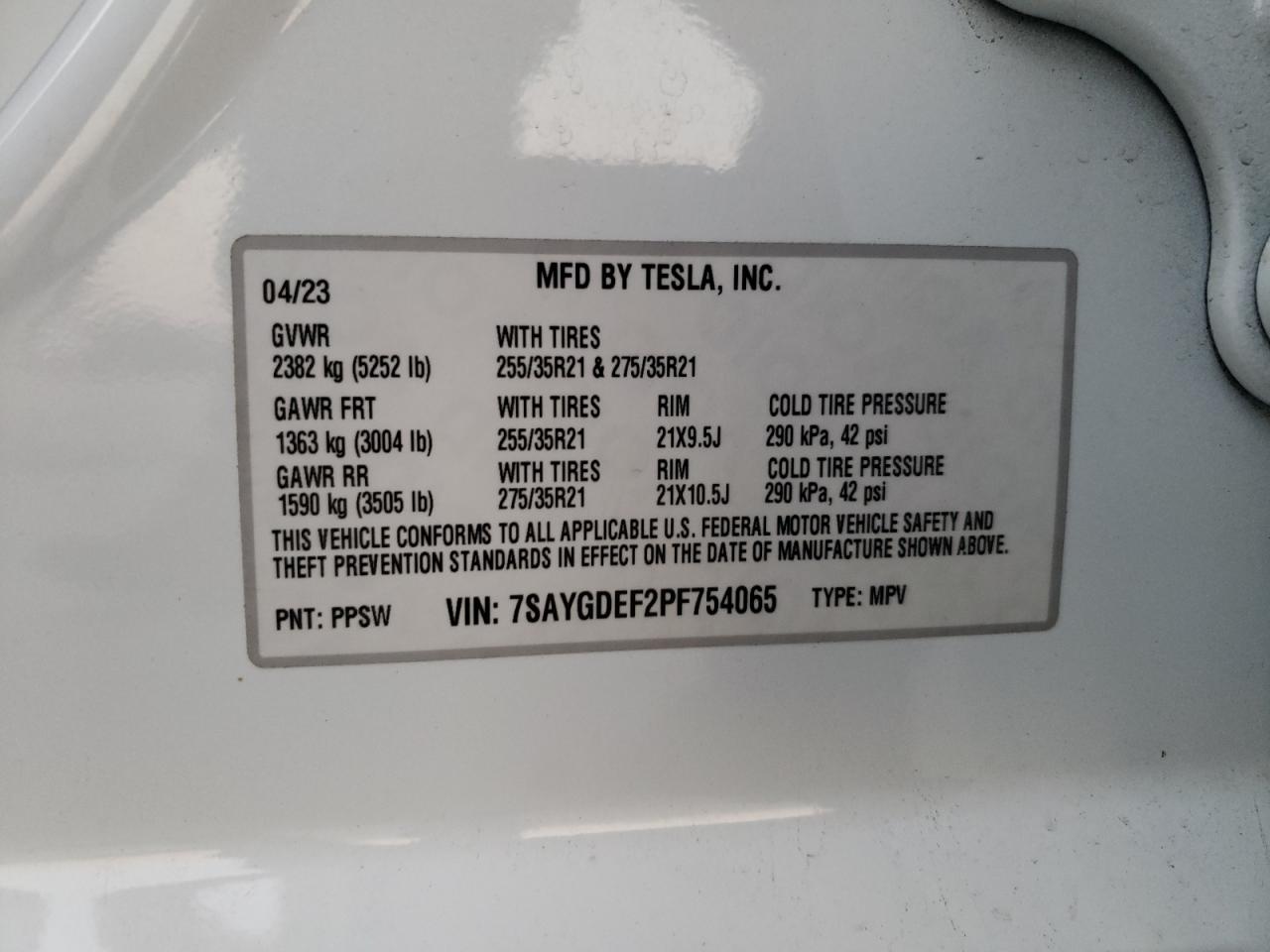 2023 TESLA MODEL Y  VIN:7SAYGDEF2PF754065