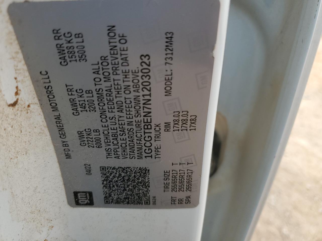 2022 CHEVROLET COLORADO  VIN:1GCGTBEN7N1203023