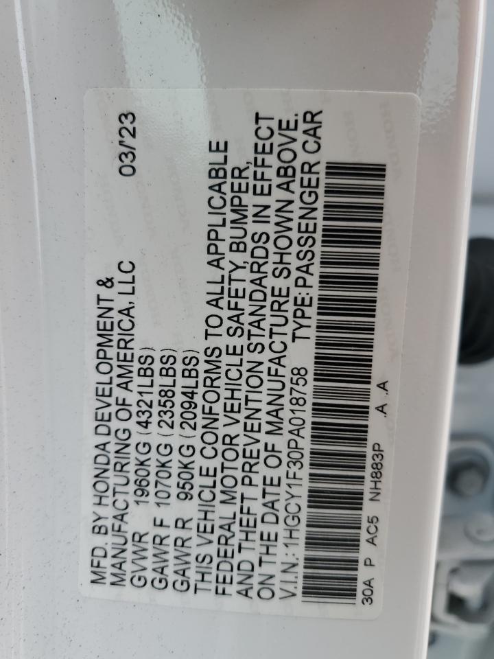 2023 HONDA ACCORD EX VIN:1HGCY1F30PA018758