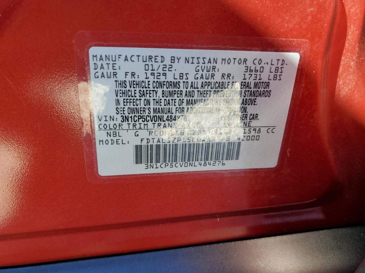 2022 NISSAN KICKS SV VIN:3N1CP5CV0NL484276