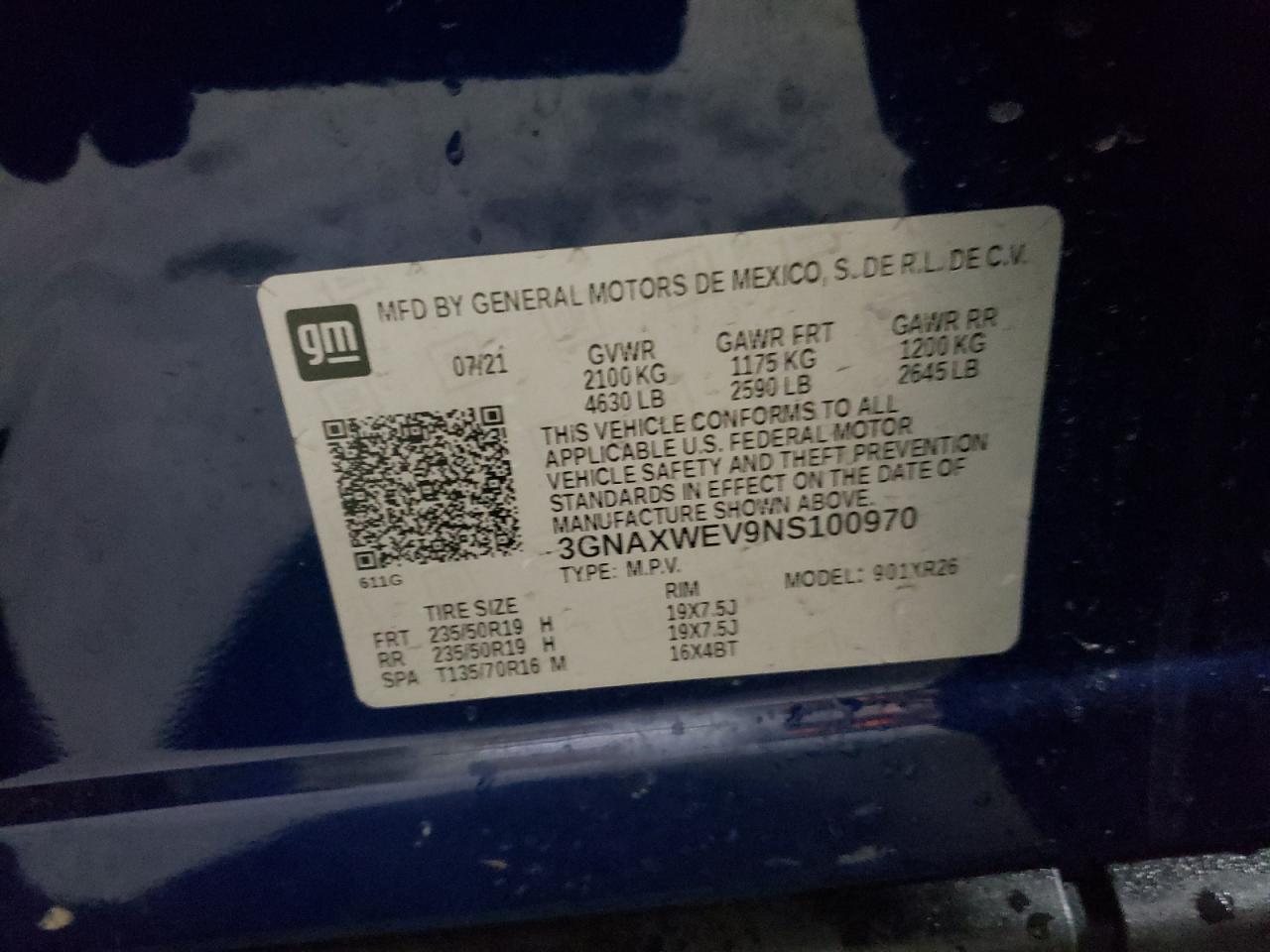 2022 CHEVROLET EQUINOX RS VIN:3GNAXWEV9NS100970