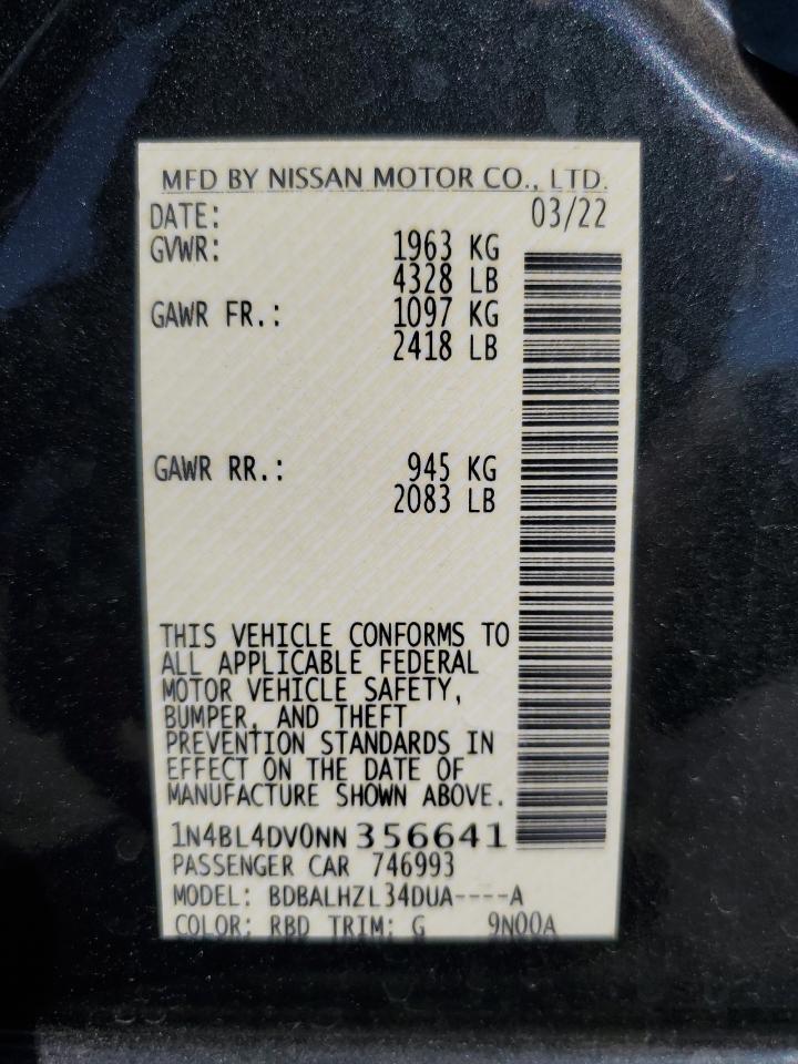 2022 NISSAN ALTIMA SV VIN:1N4BL4DV0NN356641