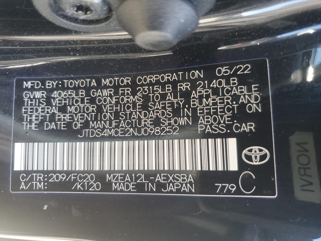 2022 TOYOTA COROLLA SE VIN:JTDS4MCE2NJ098252