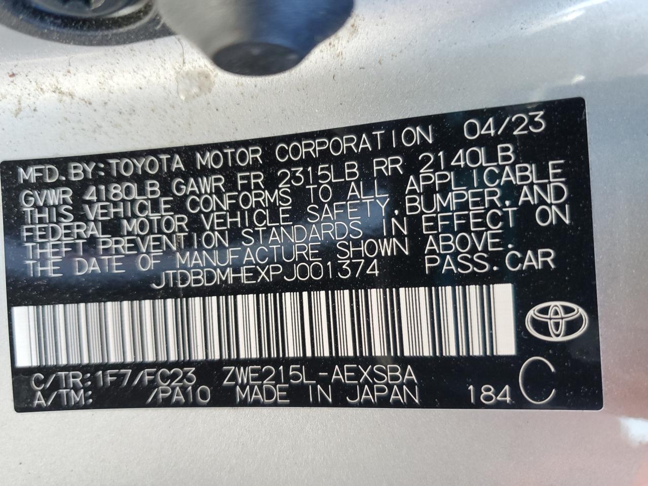 2023 TOYOTA COROLLA LE VIN:JTDBDMHEXPJ001374