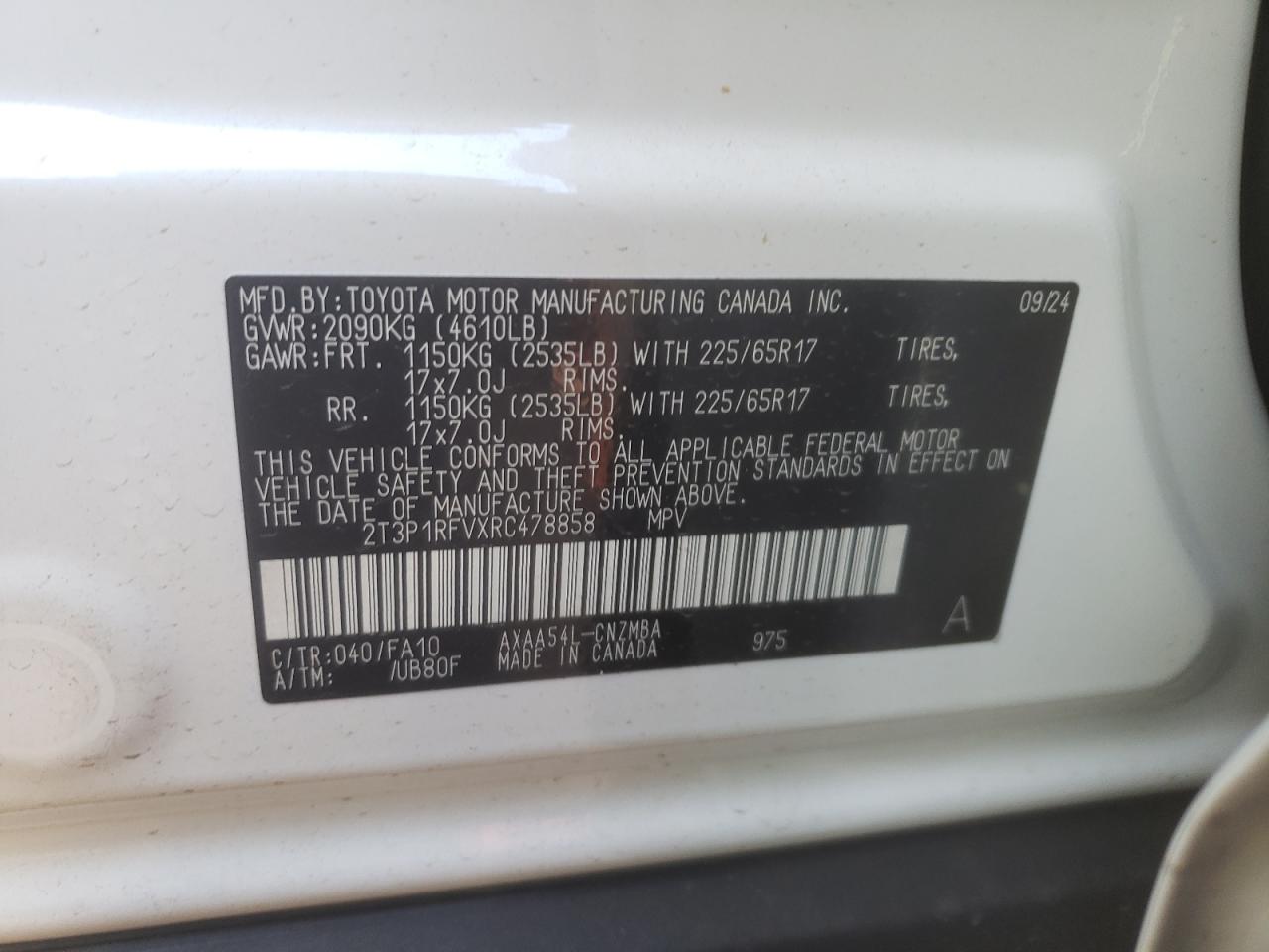 2024 TOYOTA RAV4 XLE VIN:2T3P1RFVXRC478858