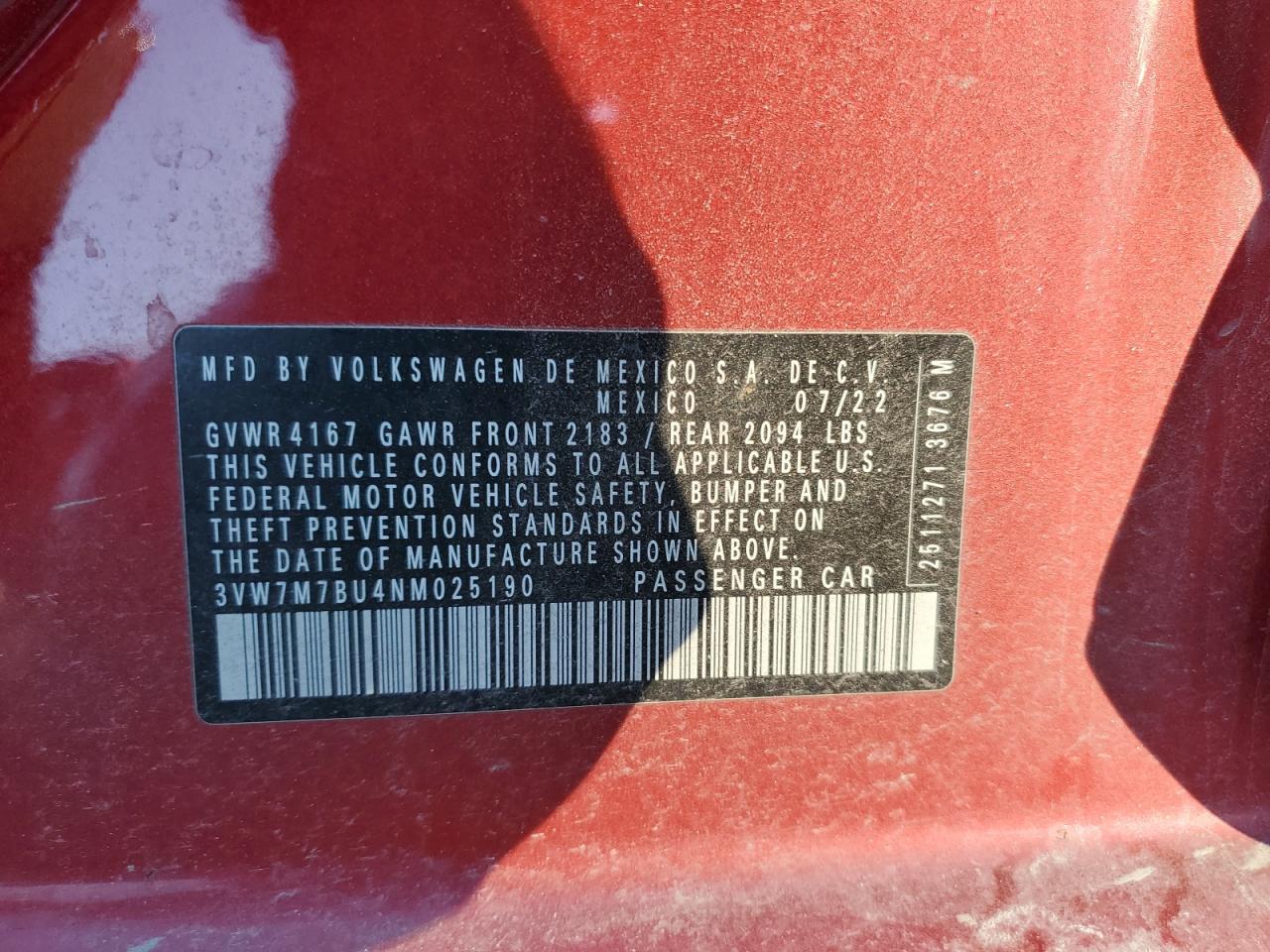 2022 VOLKSWAGEN JETTA SE VIN:3VW7M7BU4NM025190