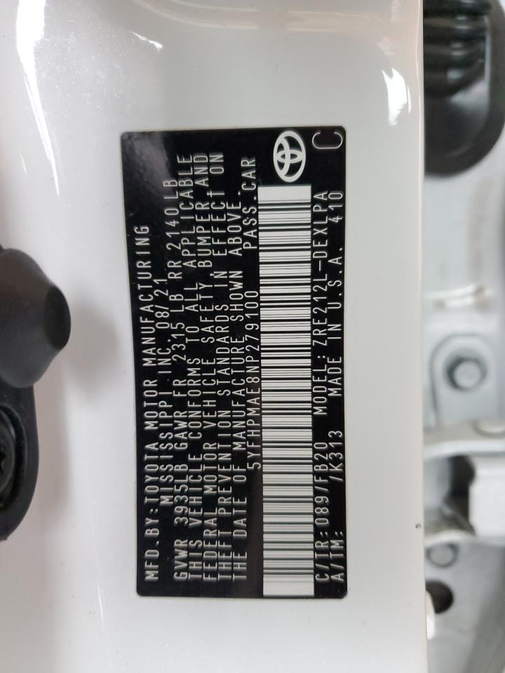 2022 TOYOTA COROLLA LE VIN:5YFHPMAE8NP279100