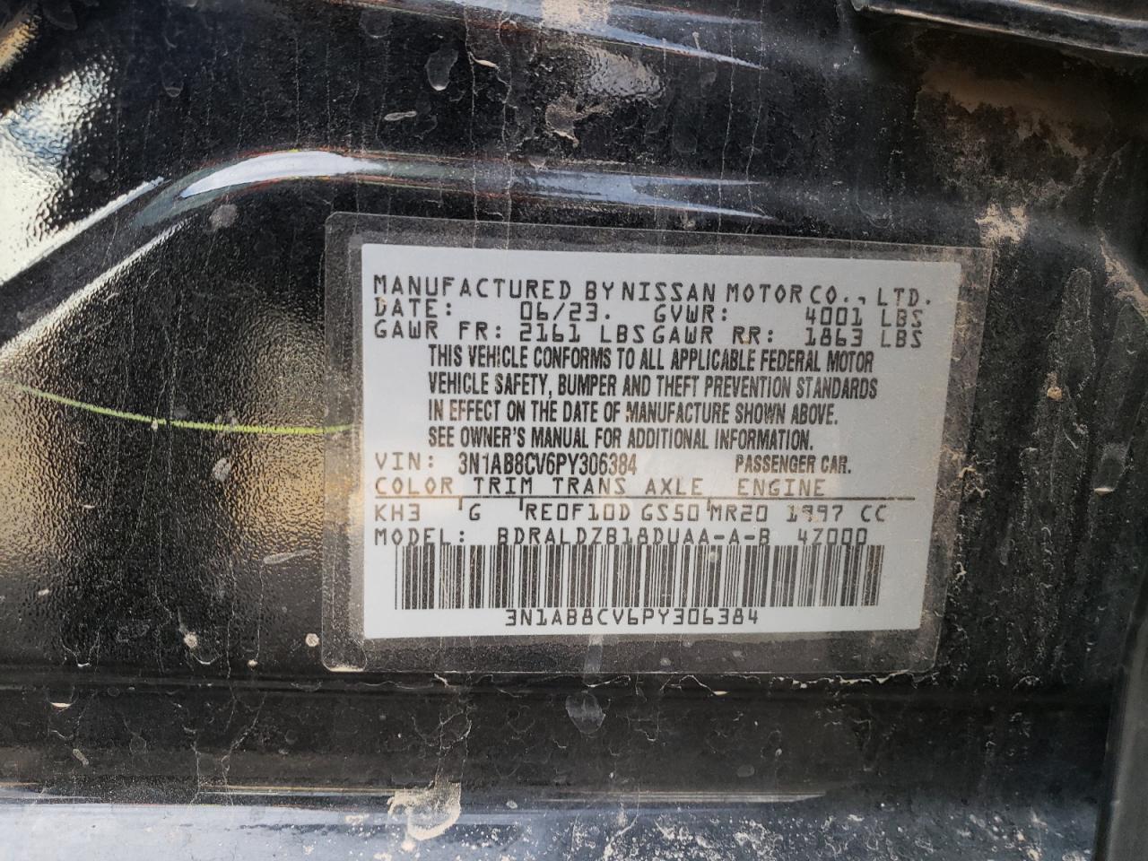 2023 NISSAN SENTRA SV VIN:3N1AB8CV6PY306384