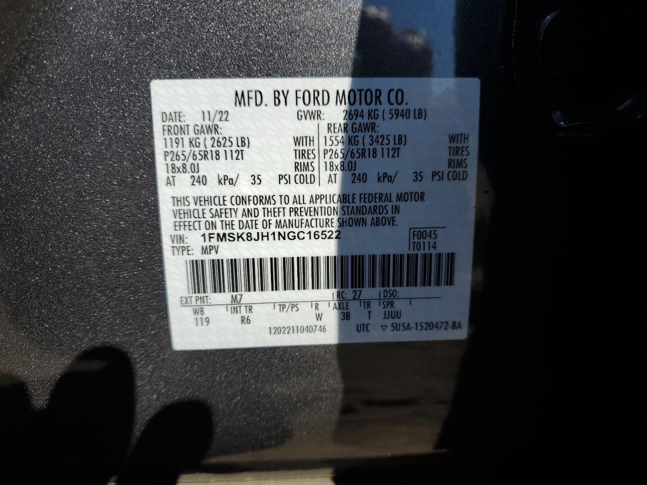 2022 FORD EXPLORER TIMBERLINE VIN:1FMSK8JH1NGC16522