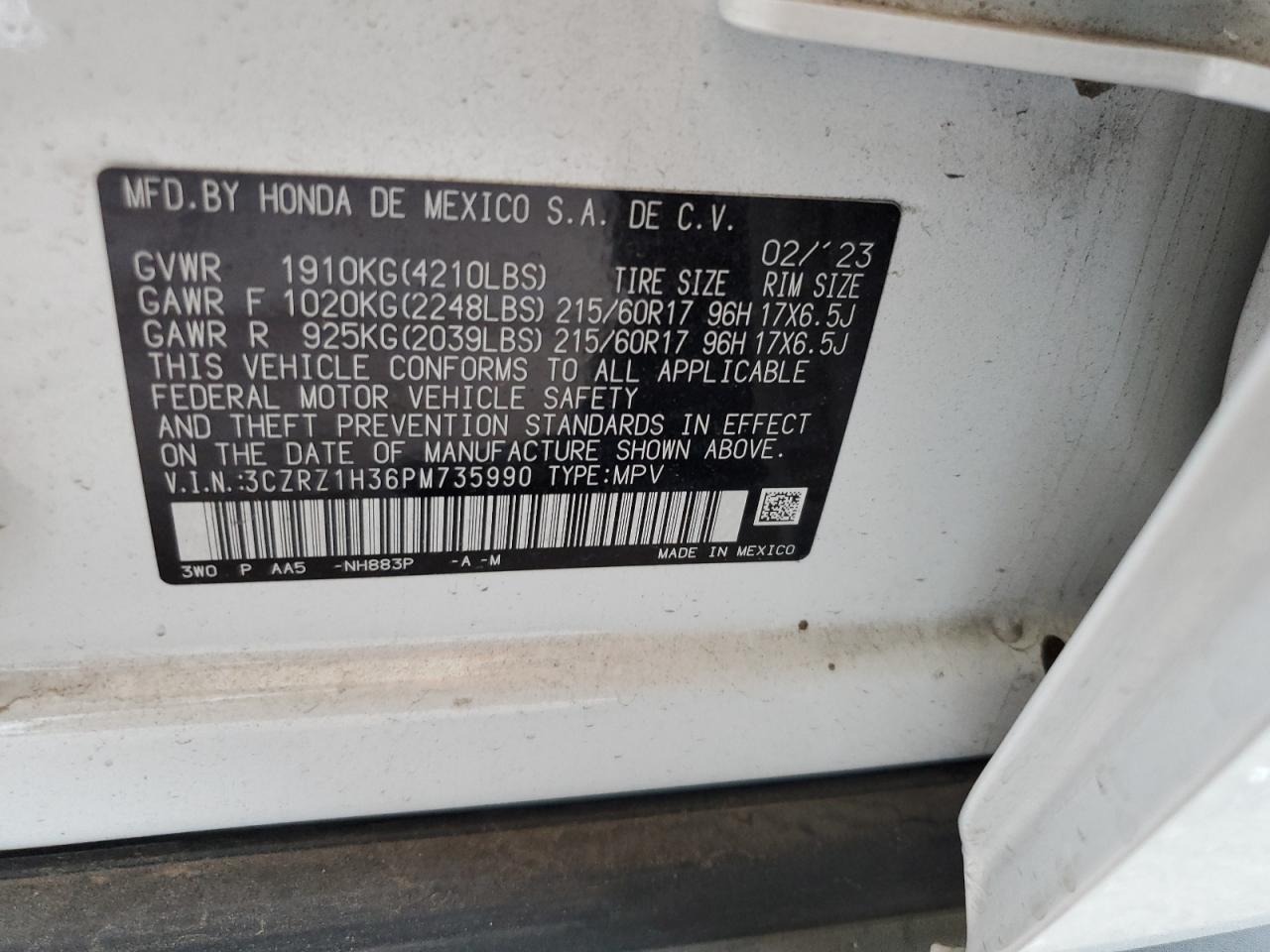 2023 HONDA HR-V LX VIN:3CZRZ1H36PM735990