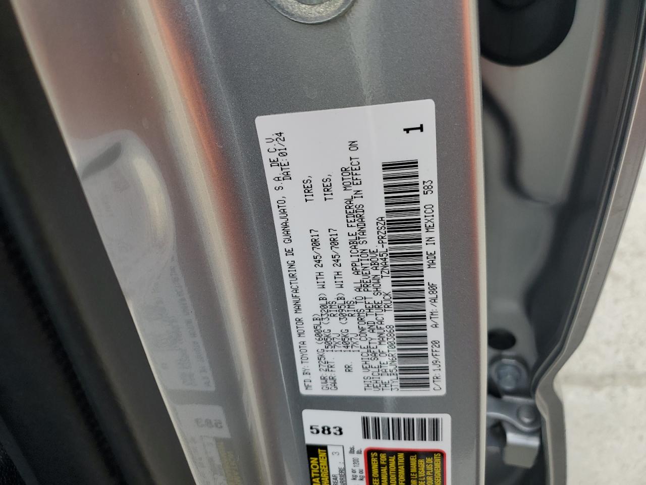 2024 TOYOTA TACOMA DOUBLE CAB VIN:3TYLB5JN6RT003868