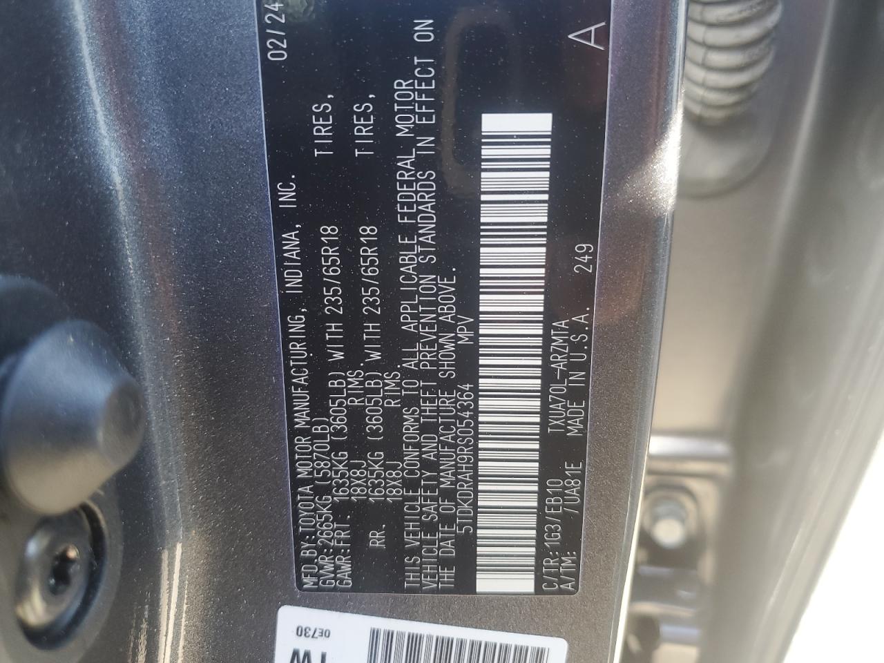 2024 TOYOTA HIGHLANDER LE VIN:5TDKDRAH9RS054364