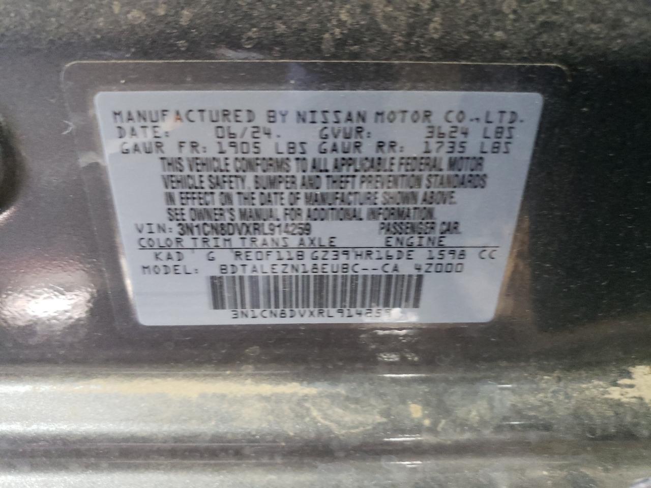 2024 NISSAN VERSA S VIN:3N1CN8DVXRL914259