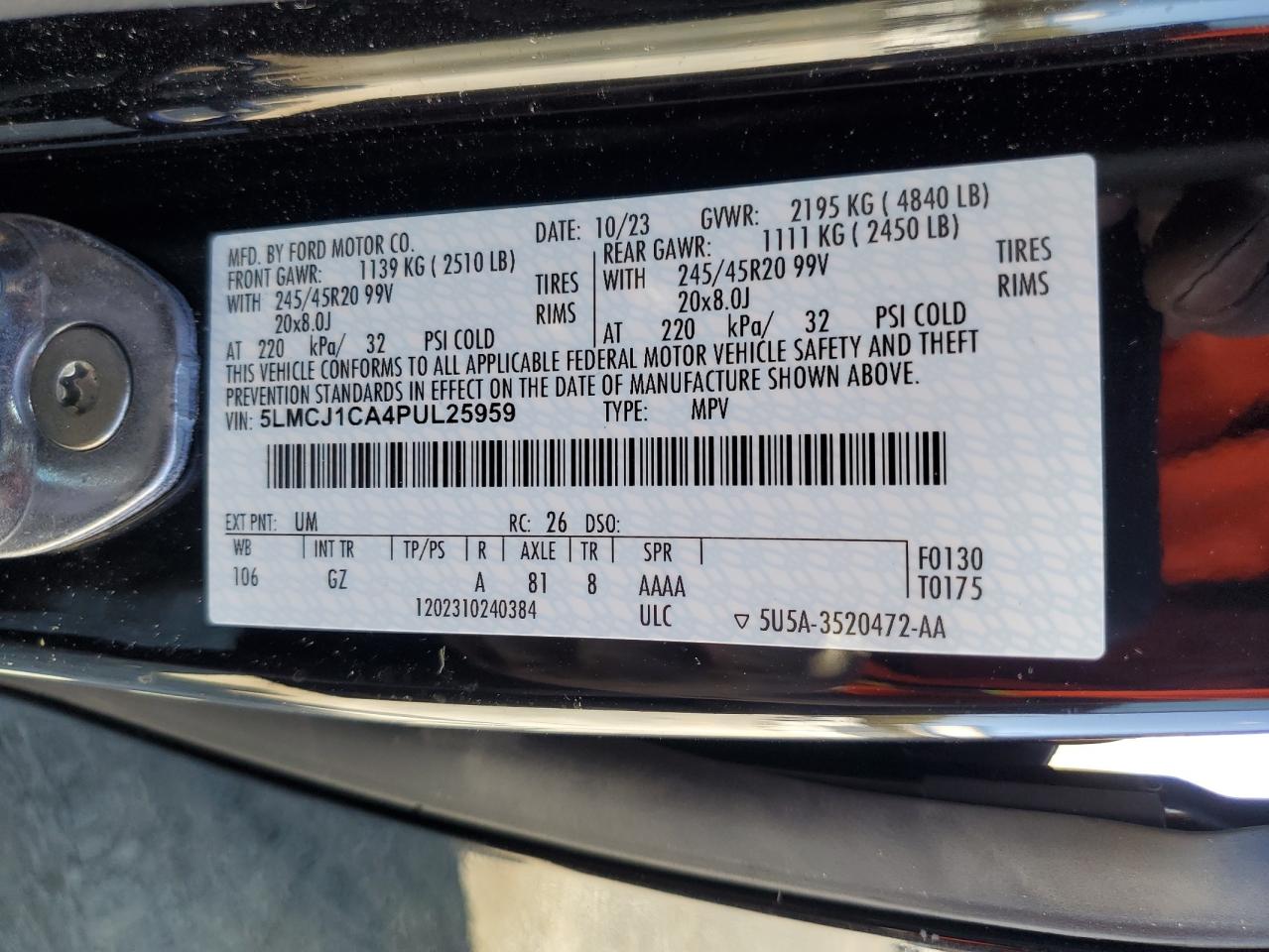 2023 LINCOLN CORSAIR  VIN:5LMCJ1CA4PUL25959