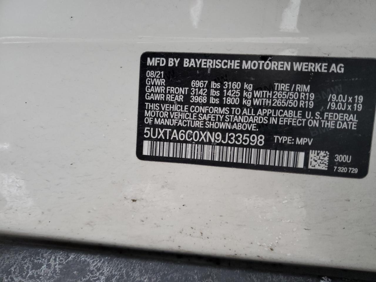 2022 BMW X5 XDRIVE45E VIN:5UXTA6C0XN9J33598