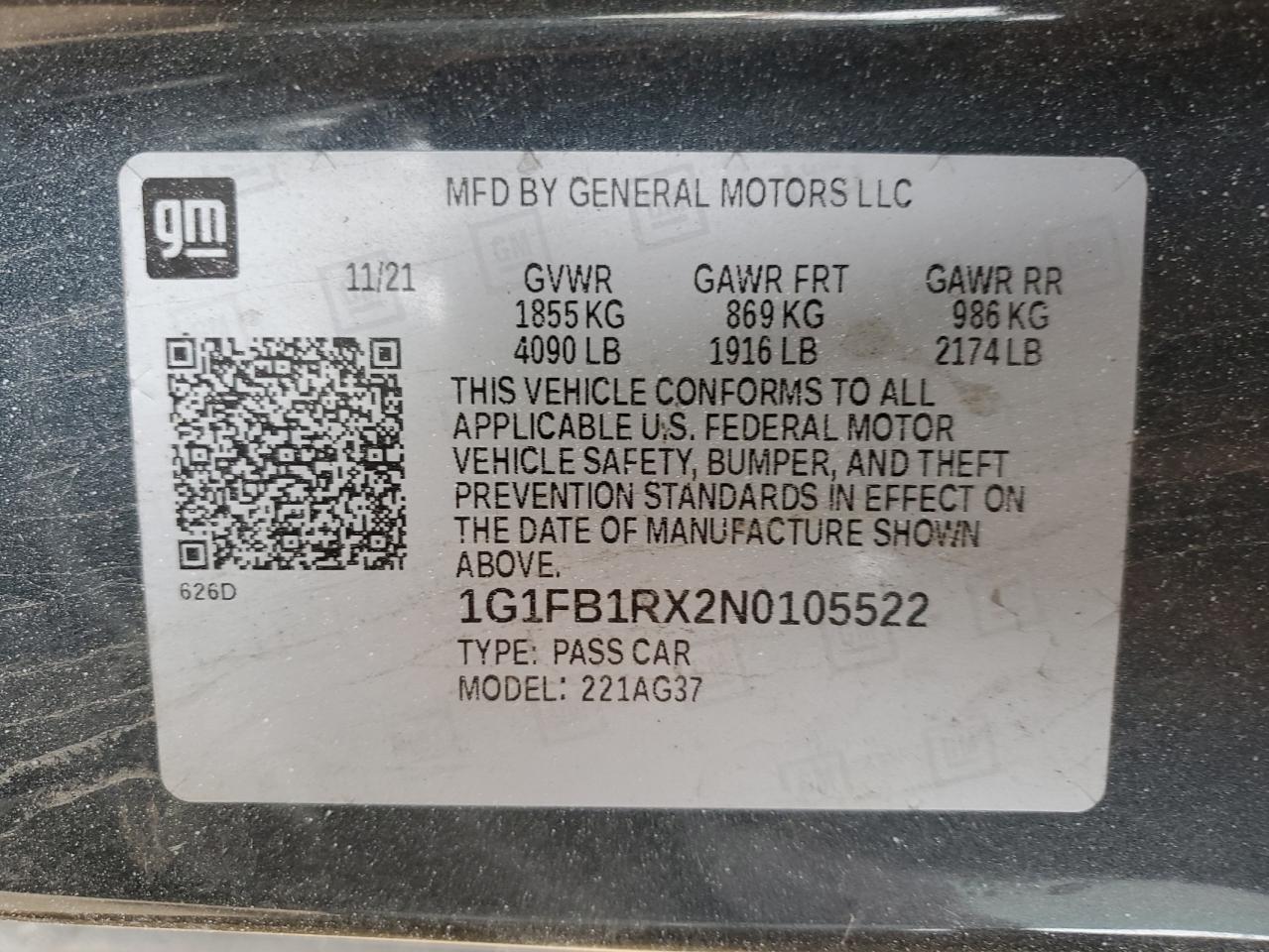 2022 CHEVROLET CAMARO LS VIN:1G1FB1RX2N0105522