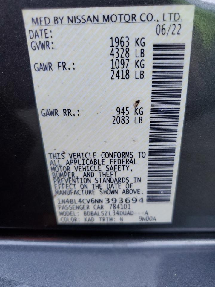 2022 NISSAN ALTIMA SR VIN:1N4BL4CV6NN393694
