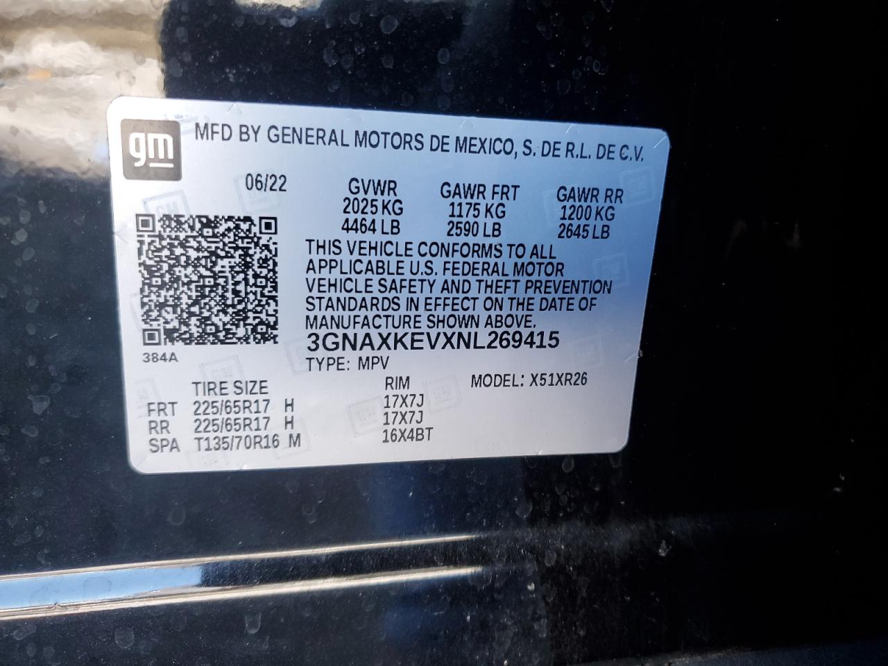 2022 CHEVROLET EQUINOX LT VIN:3VWC57BU1KM265482