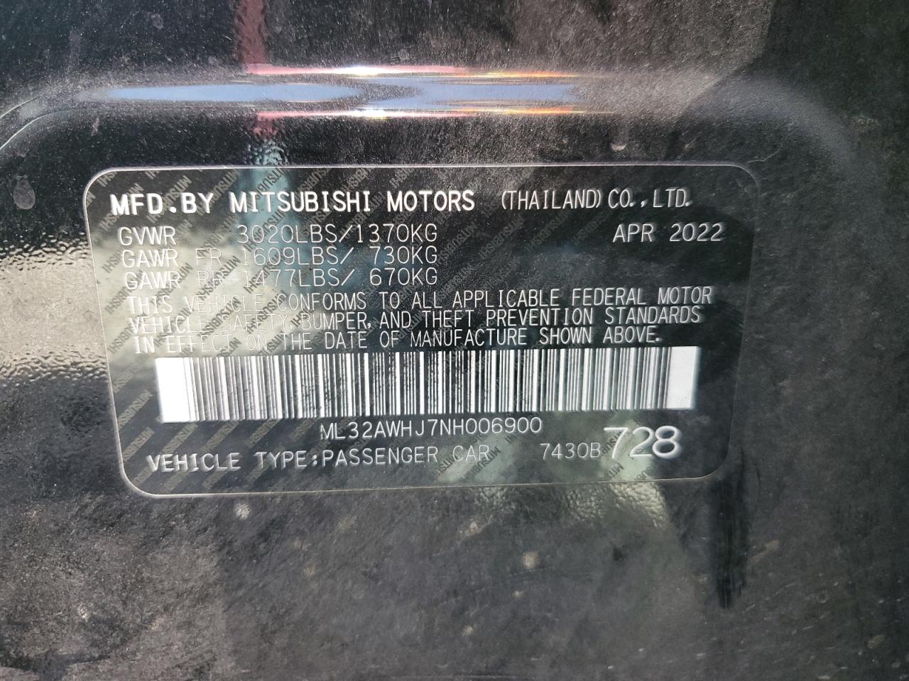 2022 MITSUBISHI MIRAGE SE VIN:ML32AWHJ7NH006900