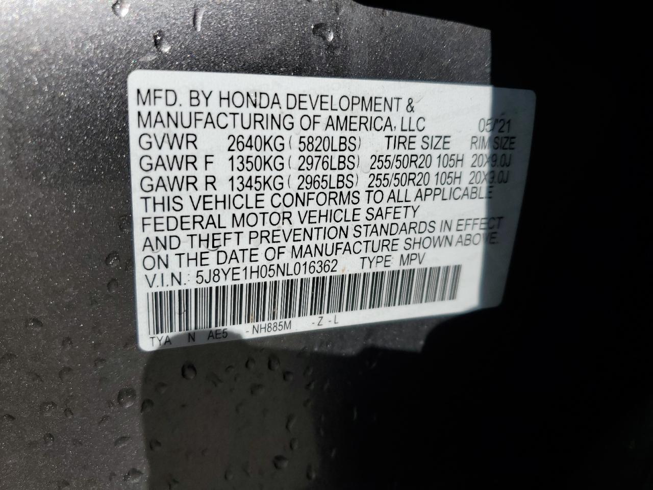 2022 ACURA MDX A-SPEC VIN:5J8YE1H05NL016362