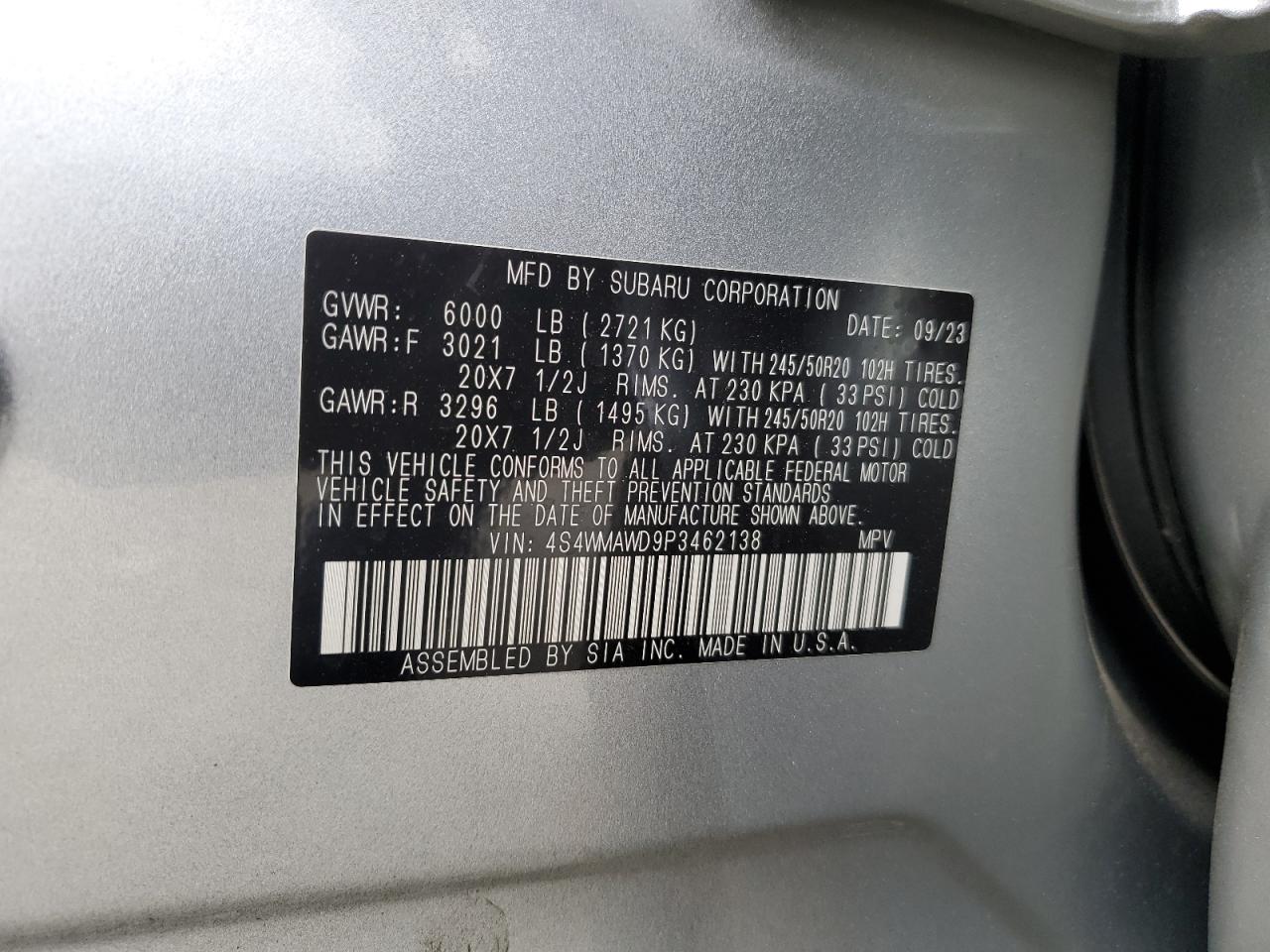 2023 SUBARU ASCENT TOURING VIN:4S4WMAWD9P3462138