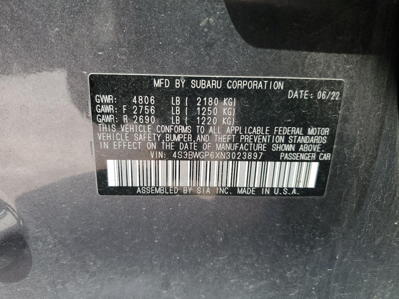 2022 SUBARU LEGACY TOURING XT VIN:4S3BWGP6XN3023897